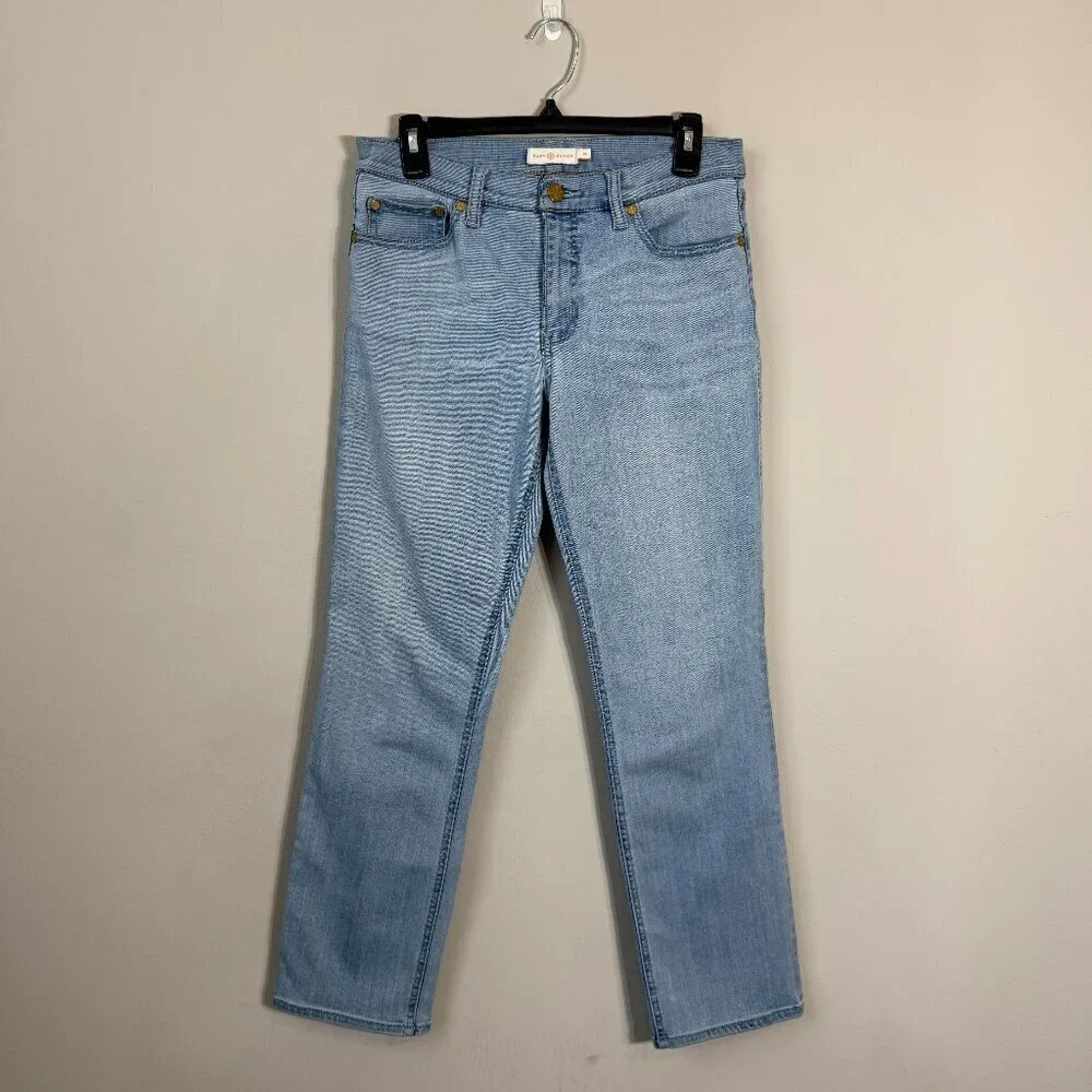 Tory Burch Straight Leg Denim Jeans Womens 28 Blue Stretch Logo Designer Classic